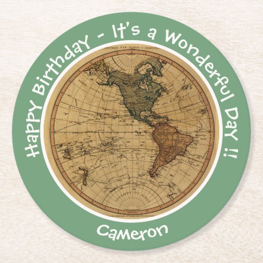 アンティーク1786西半球マップテーマパーティー ラウンドペーパーコースター (正面)