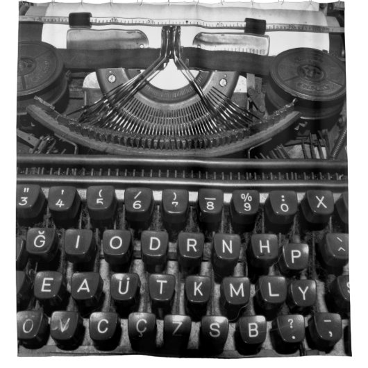 アンティーク60s rで使用される古いタイプライター シャワーカーテン (正面)