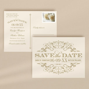 アンティーク アイボリー ゴールド フルール Save the Date 案内ポストカード