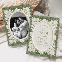 アンティーク オリーブグリーン アイボリー ドイリー レース 結婚式 セーブザデート