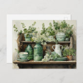 アンティーク キッチン シェルフ 緑の瓶 陶器の鉢 ポストカード (正面/裏面)