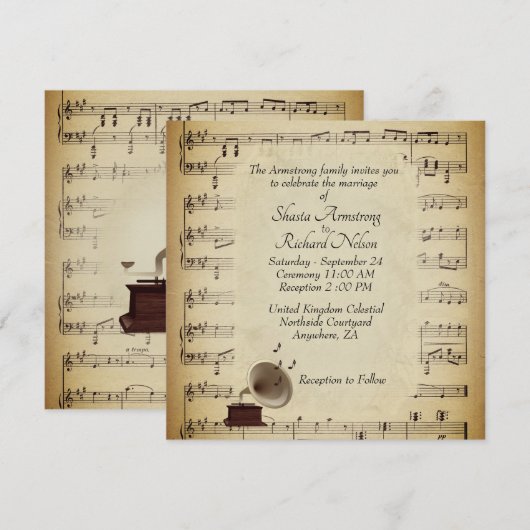 アンティーク グラモフォン ミュージック ウェディング テーマ インビテーション (正面/裏面)