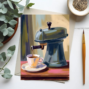 アンティーク コーヒーマシン ラテ 水彩画 ポストカード