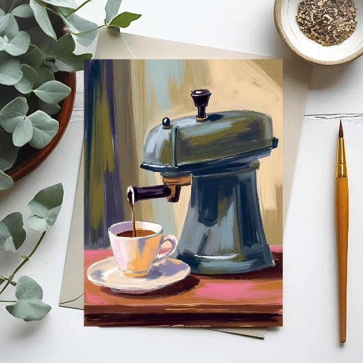 アンティーク コーヒーマシン ラテ 水彩画 ポストカード