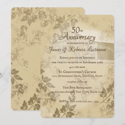 アンティーク ゴールド カントリー バーン 50周年 結婚記念日 招待状 (正面/裏面)