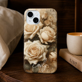 アンティーク シャビーシック クリームローズ コラージュ 名前入り iPhone 15ケース