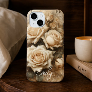 アンティーク シャビーシック クリームローズ コラージュ 名前入り iPhone 15ケース
