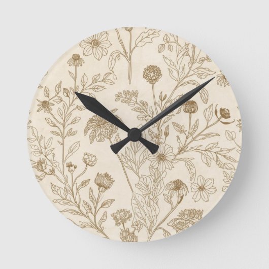 アンティーク セピア 植物画 フラワー パターン ラウンド壁時計 (正面)