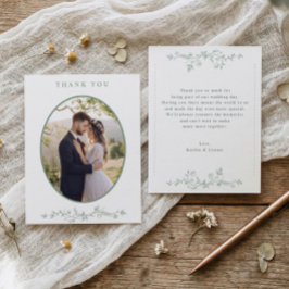 アンティーク・セージグリーンのフランス風フラワーモチーフの結婚式の写真 サンキューカード