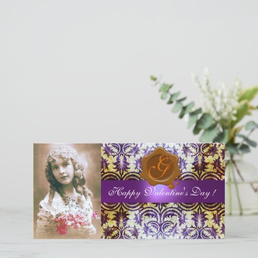 アンティーク パープル ダマスク ブラウン ワックス シール モノグラム シーズンカード (スタンド正面)