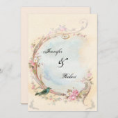 アンティーク ピンク ローズとロビンのウェディング 招待状 (正面/裏面)