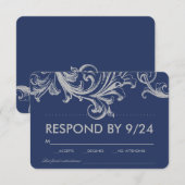 アンティーク ブルーとグレーの花の結婚式出欠確認カード 出欠カード (正面/裏面)