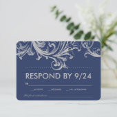 アンティーク ブルーとグレーの花柄 ウェディング RSVP (スタンド正面)