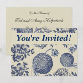 アンティーク ブルー フラワー プリント 花 招待状 (正面/裏面)