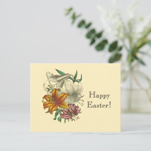 アンティーク ボタニカル ユリ 花 楽しいイースター シーズンポストカード (スタンド正面)
