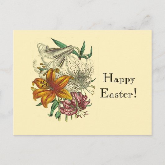 アンティーク ボタニカル ユリ 花 楽しいイースター シーズンポストカード (正面)