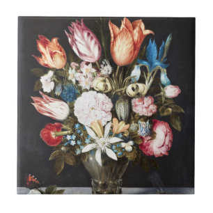 アンティーク ボッシャール オランダチューリップとバラの芸術 タイル
