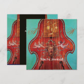 アンティーク ミュージック コンサート, ウェディング, モノグラム 赤 青 招待状 (正面/裏面)