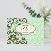アンティーク ミント、ブラウン スクロール 結婚式 返信カード 招待状 (スタンド正面)