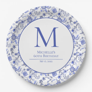 アンティーク モノグラム 青 白 花柄 誕生日 ペーパープレート