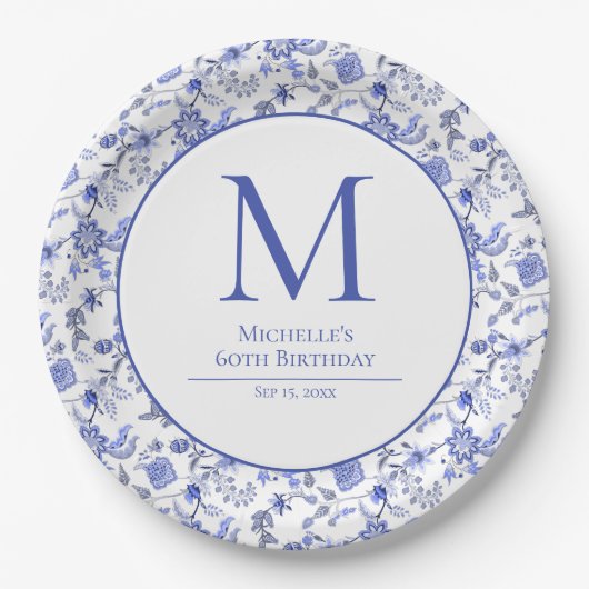 アンティーク モノグラム 青 白 花柄 誕生日 ペーパープレート (正面)