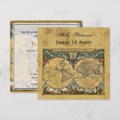 アンティーク ワールド マップ、ダメージ加工の背景のスクエア スイート 16 招待状 (正面/裏面)