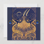 アンティーク ヴェッセル,イルカ,ゴールド,ネイビーブルー モノグラム 招待状 (正面)