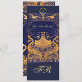 アンティーク ヴェッセル,イルカ,黄色,ネイビーブルー モノグラム 招待状 (正面/裏面)