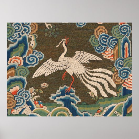 アンティーク 中国 白鳥 シルク 刺繍 プリント (正面)