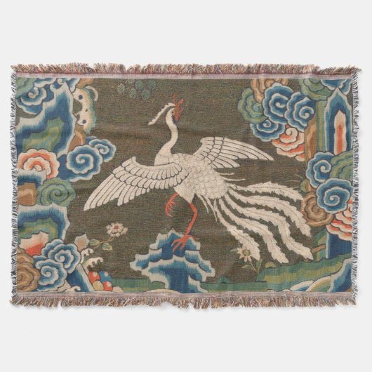 アンティーク 中国 白鳥 シルク 刺繍 プリント スローブランケット (正面)