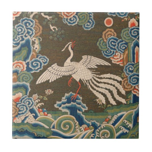 アンティーク 中国 白鳥 シルク 刺繍 プリント タイル (正面)