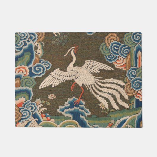 アンティーク 中国 白鳥 シルク 刺繍 プリント ドアマット (正面)