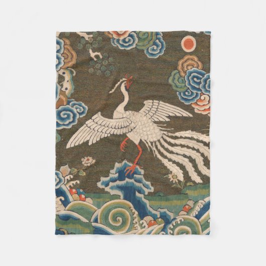 アンティーク 中国 白鳥 シルク 刺繍 プリント フリースブランケット (正面)