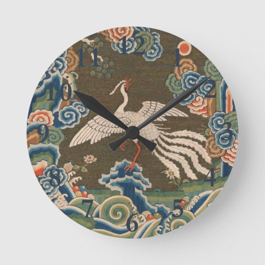 アンティーク 中国 白鳥 シルク 刺繍 プリント ラウンド壁時計 (正面)