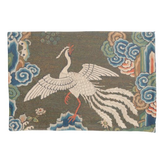 アンティーク 中国 白鳥 シルク 刺繍 プリント 枕カバー (正面)