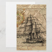 アンティーク 古い フランス 全体 マップ & 船 便箋 (正面/裏面)