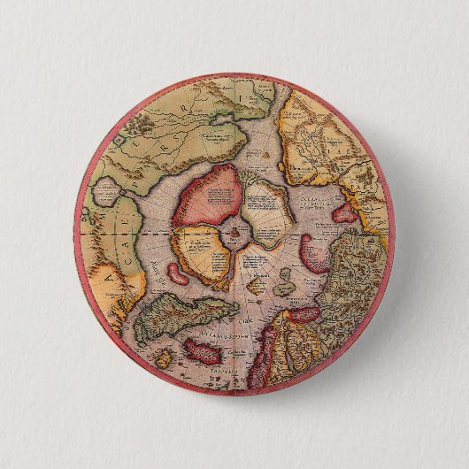 アンティーク 古地図 北極 1595年 缶バッジ (正面)
