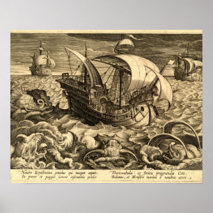 アンティーク 1590年 船と海のモンスター ポスター
