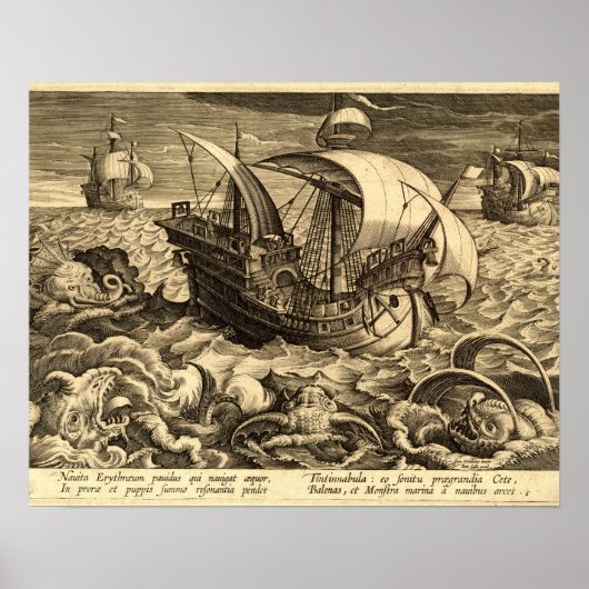 アンティーク 1590年 船と海のモンスター ポスター (正面)