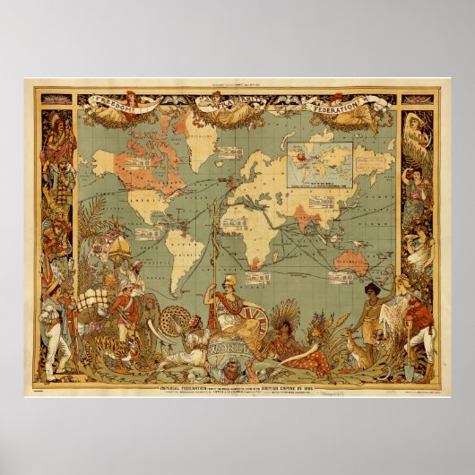 アンティーク 1886年 世界地図 イギリス帝国 ポスター (正面)
