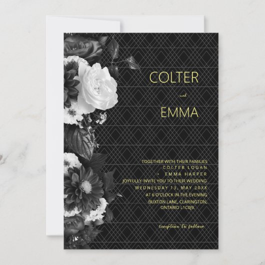 アンティークB&Wヴィンテージロマンチックフローラ結婚ズインビタ 招待状 (正面)