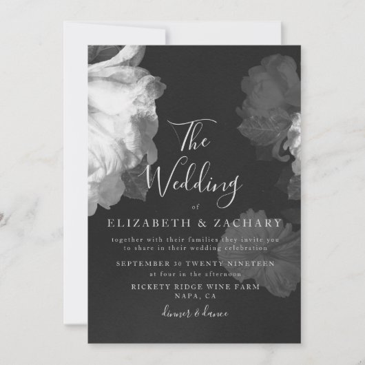 アンティークB&Wヴィンテージロマンチックフローラ結婚ズ 招待状 (正面)