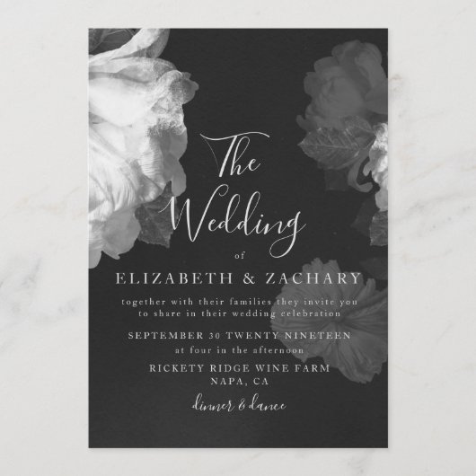 アンティークB&Wヴィンテージロマンチックフローラ結婚ズ 招待状 (正面)