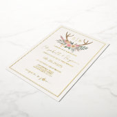アンテロープの花輪 鹿の角 ピンクの花 結婚式 本物の金箔 箔招待状 (回転した状態)