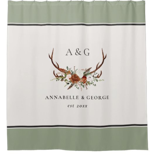 アントラーテラコッタセージ緑植物学フローラ シャワーカーテン (正面)