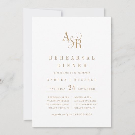 アンドレアモノグラムボホ金ゴールドミニマルリハーサルディナー 招待状 (正面)