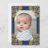 アンナパラシャンファーストライスブルー金ゴールドオーナメント写真 招待状 (裏面)