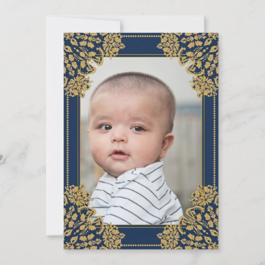 アンナパラシャンファーストライスブルー金ゴールドオーナメント写真 招待状 (裏面)