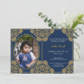 アンナプラシャン最初のライスブルー金ゴールド飾り写真 招待状 (スタンド正面)
