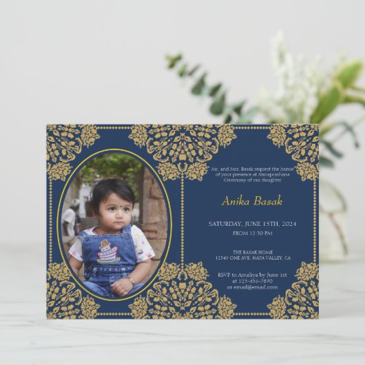 アンナプラシャン最初のライスブルー金ゴールド飾り写真 招待状 (スタンド正面)